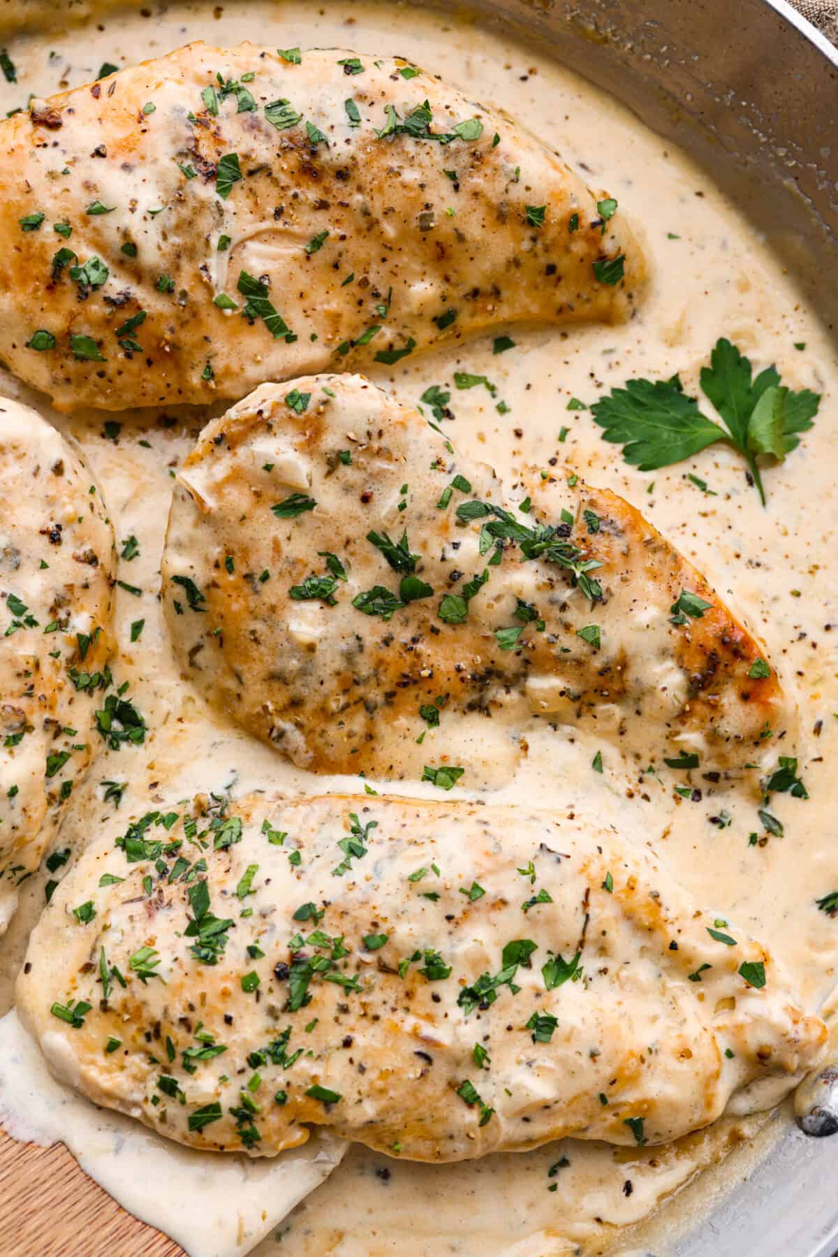 Closeup of 3 cooked chicken breasts, covered in a creamy sauce and topped with fresh herbs.