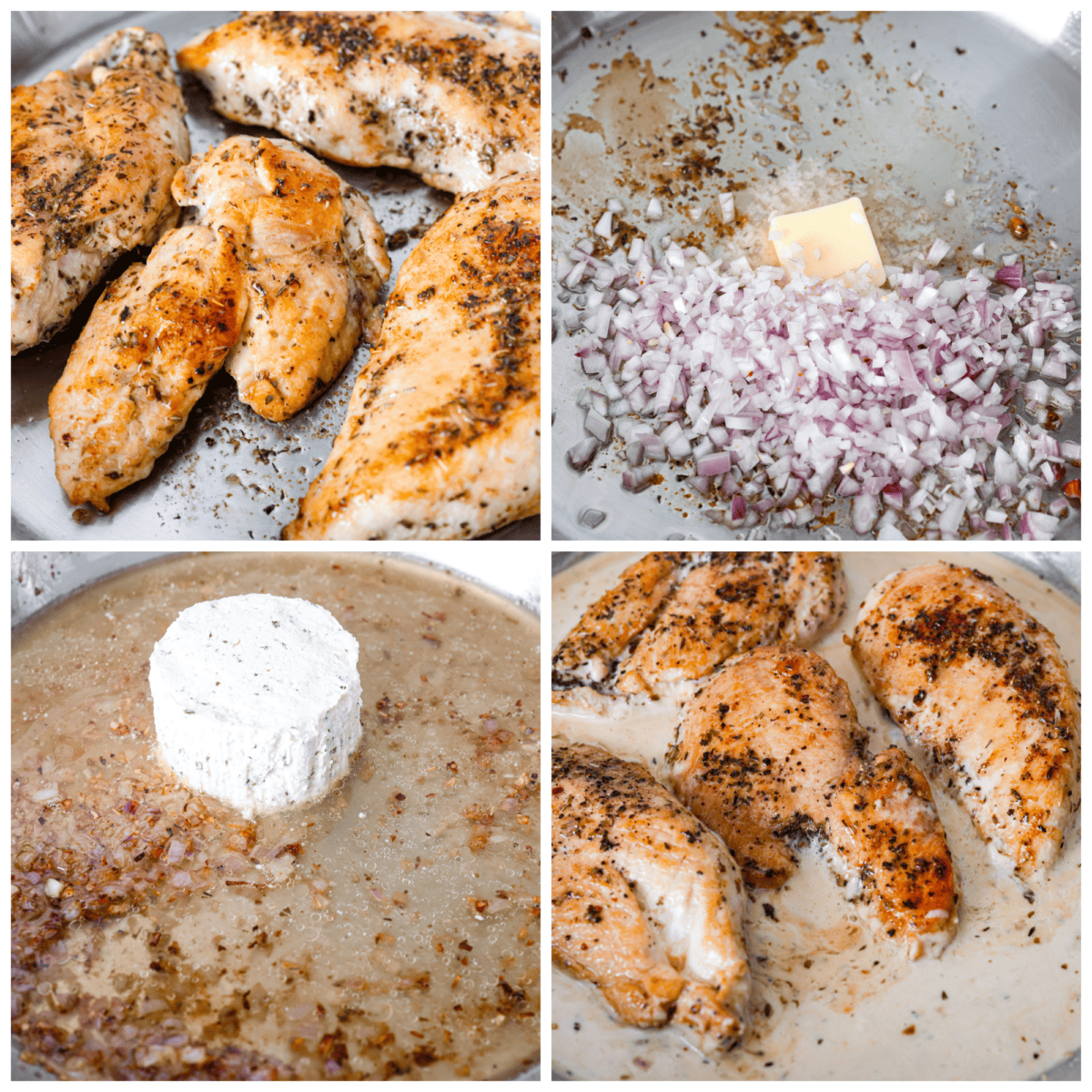 4-photo collage of the chicken being seared, the onions being sauteed, and the boursin sauce ingredients being combined.
