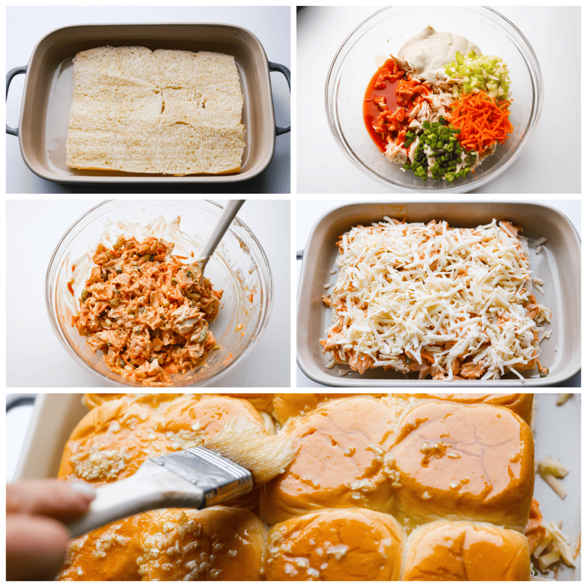A collage of 5 pictures showing how to assemble buffalo chicken sliders. 