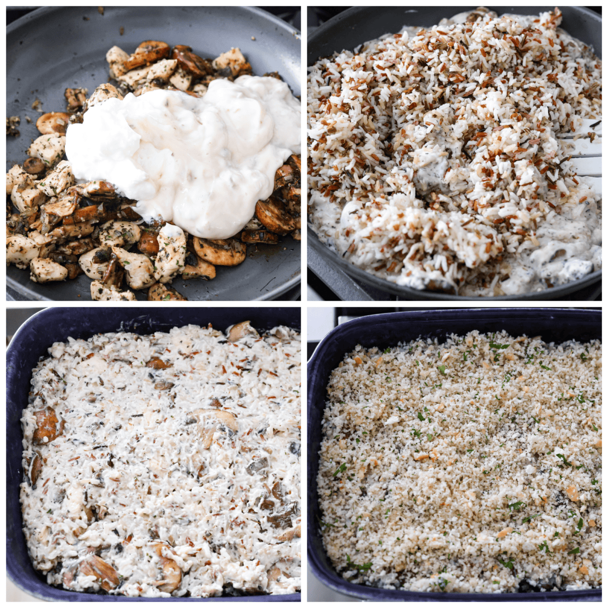 4-photo collage of the wild rice being mixed with a creamy sauce and topped with breadcrumbs.