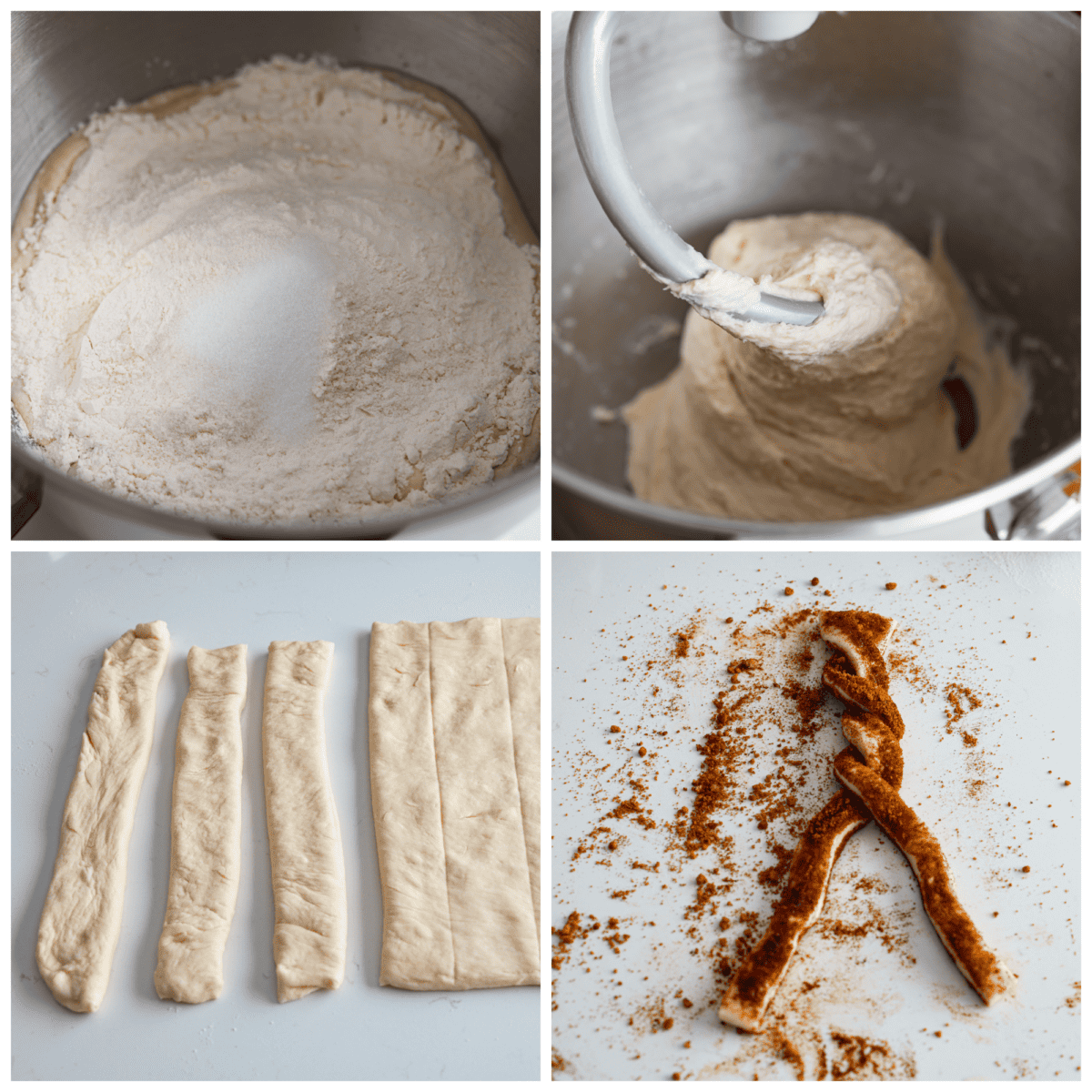 First photo of dry ingredients added to the wet ingredients. Second photo of the dough mixed in a stand mixer. Fourth photo of the dough strips. Fourth photo of the cinnamon roll bread twists being shaped.