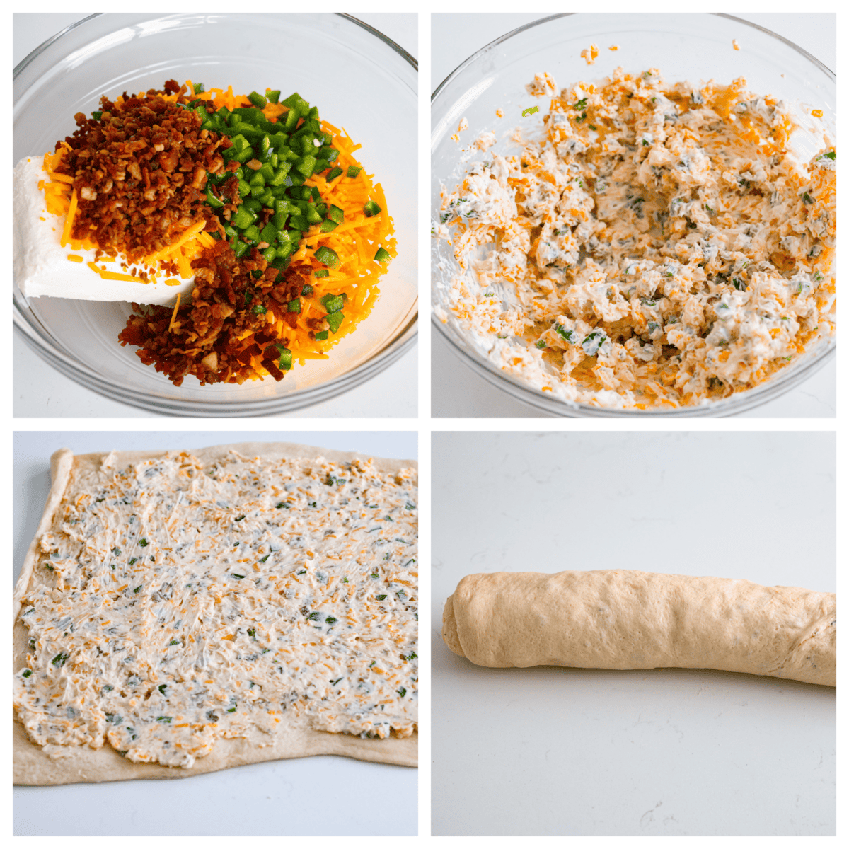 First photo of cream cheese mixture ingredients added to a bowl. Second photo of the cream cheese jalapeno mixture mixed in a bowl. Third photo of the mixture spread on crescent dough. Fourth photo of the dough rolled up into a log before it's cut.
