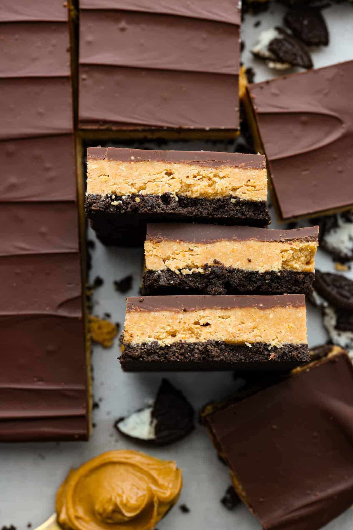 Chocolate peanut butter bars, cut into squares.