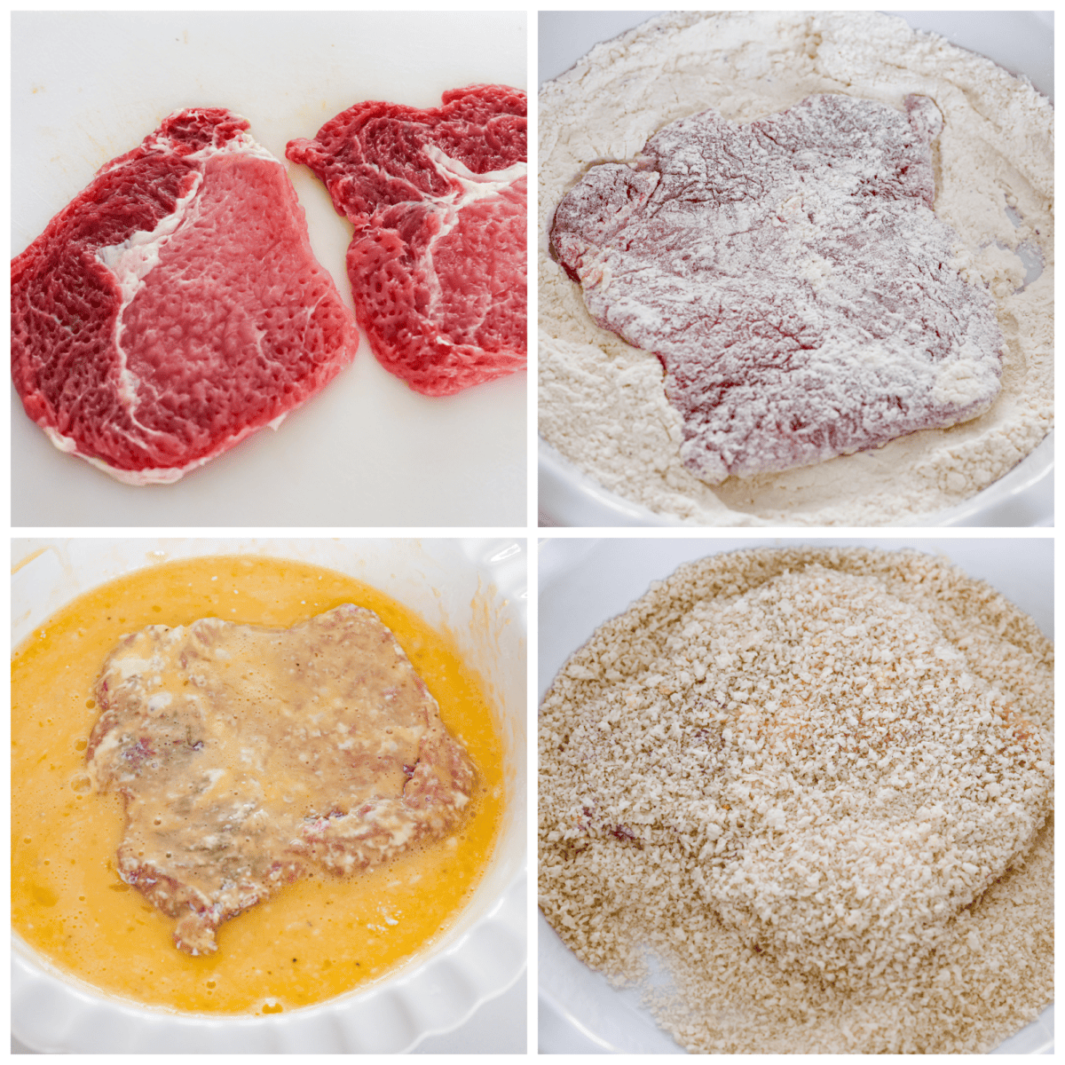 4-photo collage of the pork chops being coated in flour, egg, and panko breadcrumbs.