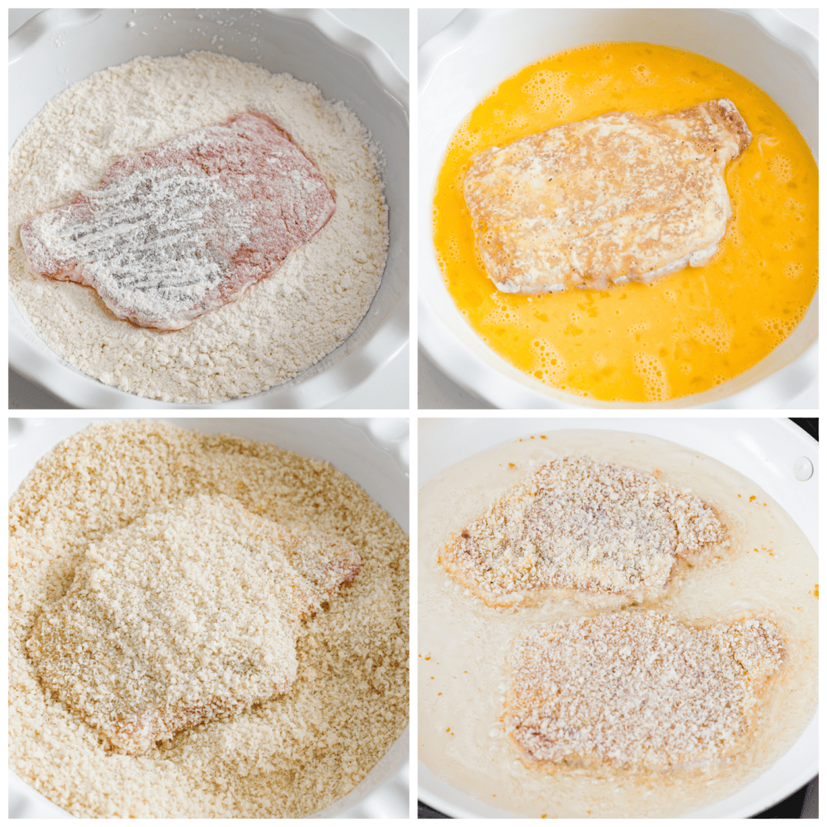 4-photo collage of pork schnitzel being prepared. (Dredged in flour, egg, and bread crumbs.)
