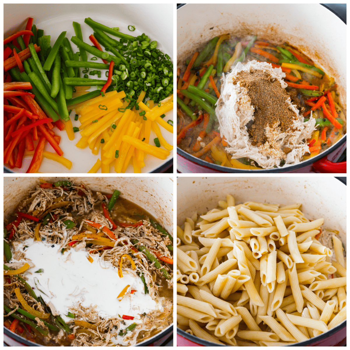 4-photo collage of all of the pasta ingredients being added to a skillet.