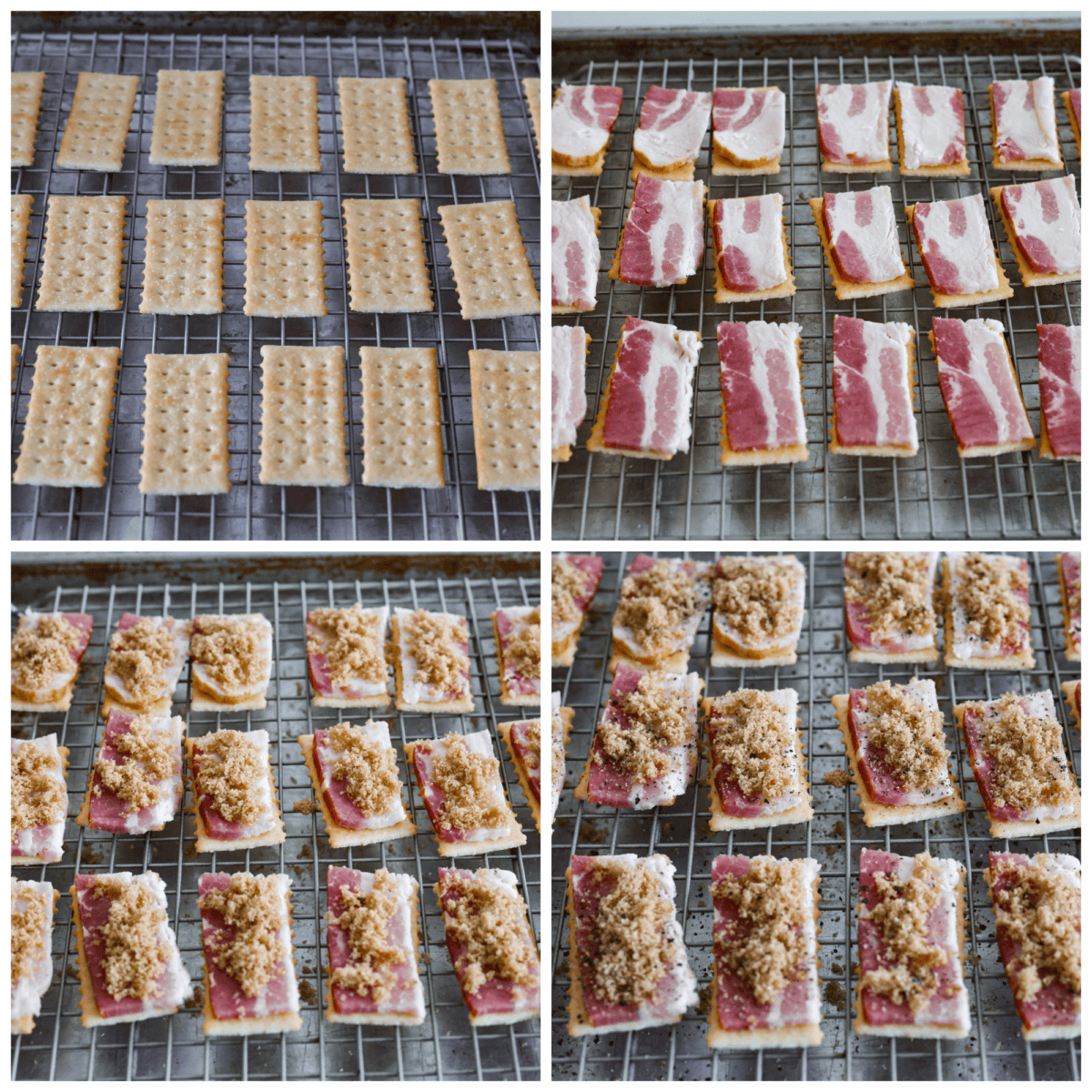 First process photo of crackers lined on a baking rack. Second process photo of the bacon placed on top of the crackers. Third process photo of the brown sugar sprinkled on the bacon. Fourth process photo of pepper sprinkled on top.