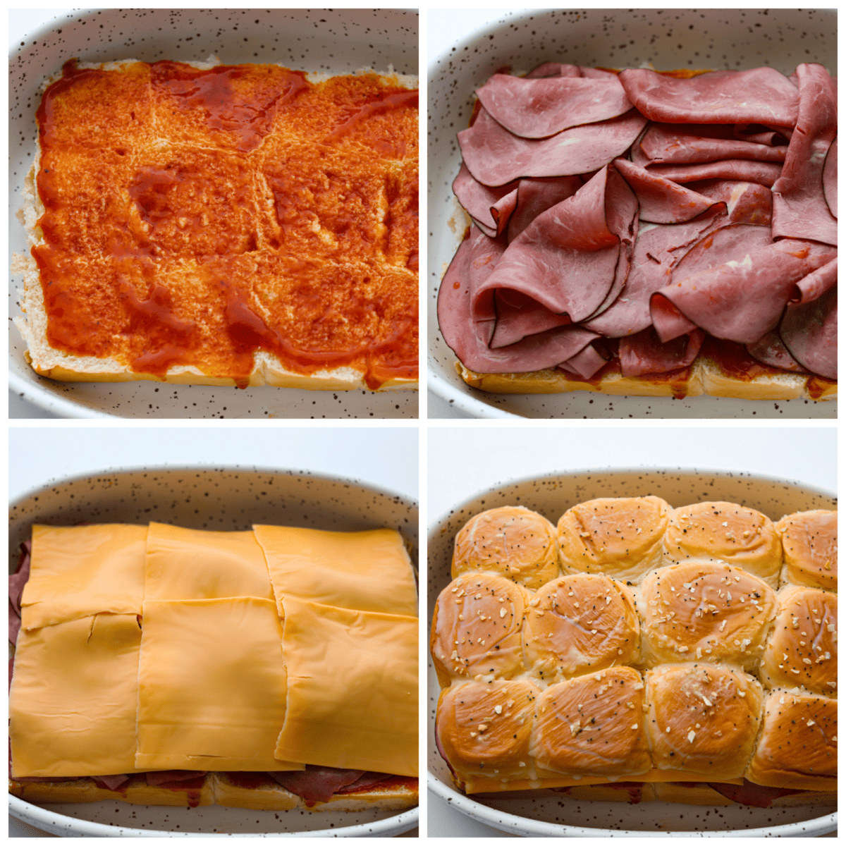 Hawaiian rolls being layered with sauce, meat, and cheese.