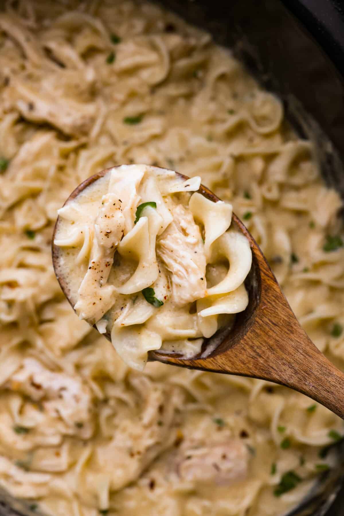 Chicken and noodles in a wooden spoon.