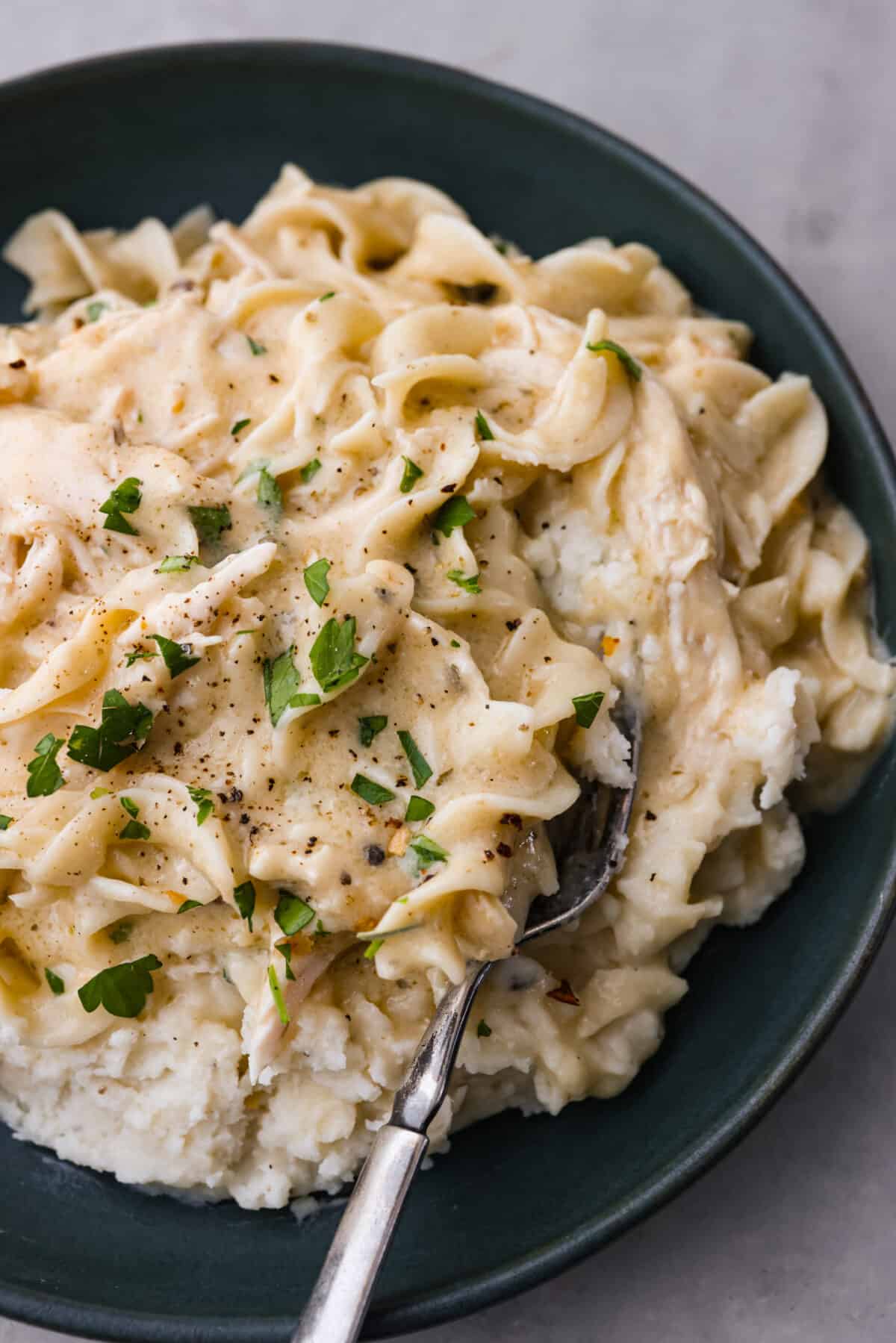 Chicken and pasta served over mashed potatoes.