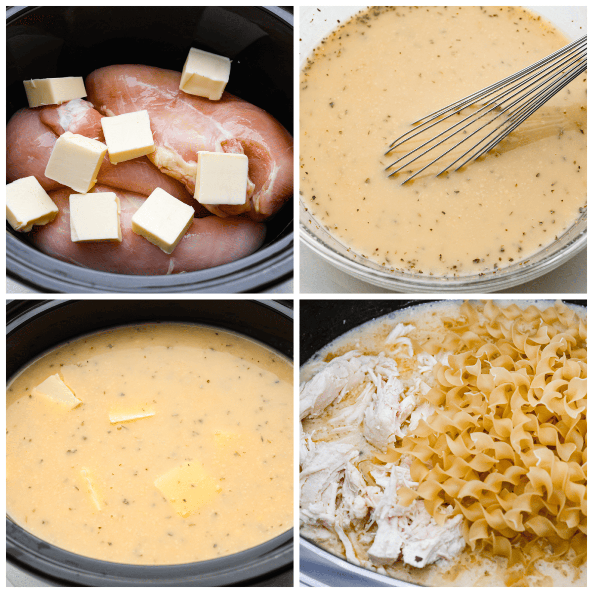 4-photo collage of the chicken breasts being added to a crockpot along with the sauce ingredients and pasta.