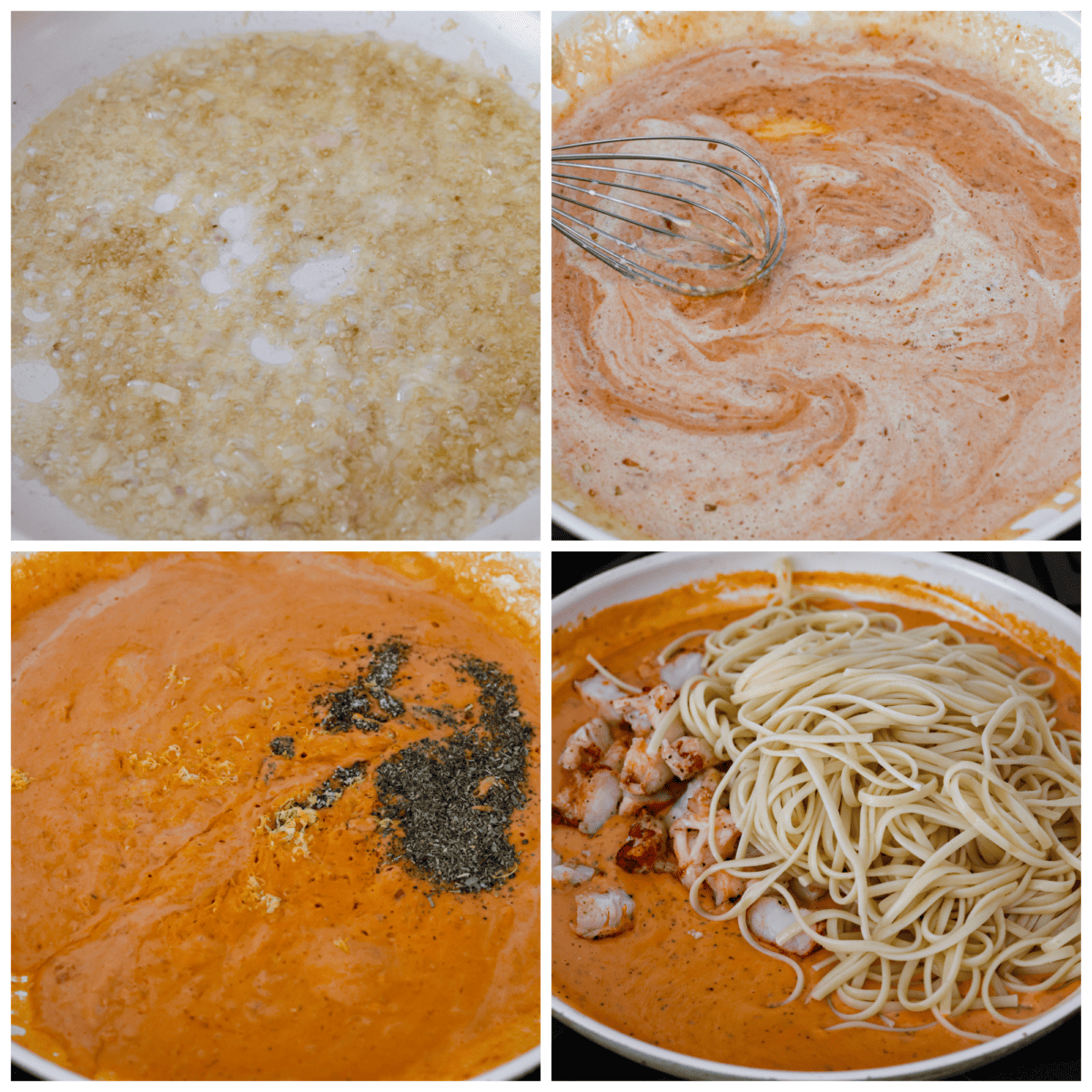 4-photo collage of the creamy red sauce being prepared, and linguine and lobster being added to it.