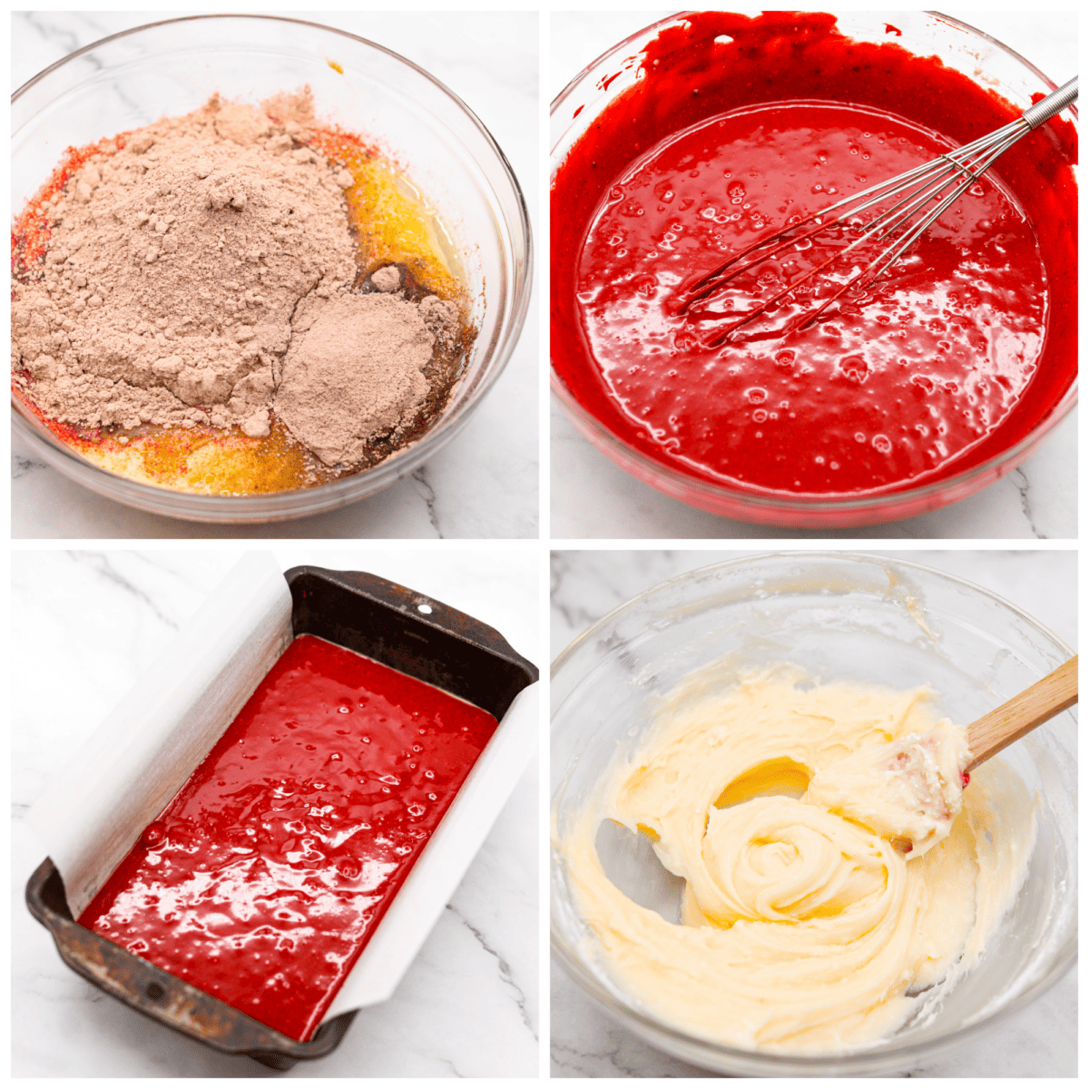 First photo of the cake mix, pudding, and wet ingredients added to a large bowl. Second photo of the batter mixed with a whisk. Third photo of the batter in a loaf pan. Fourth photo of the cream cheese glaze.