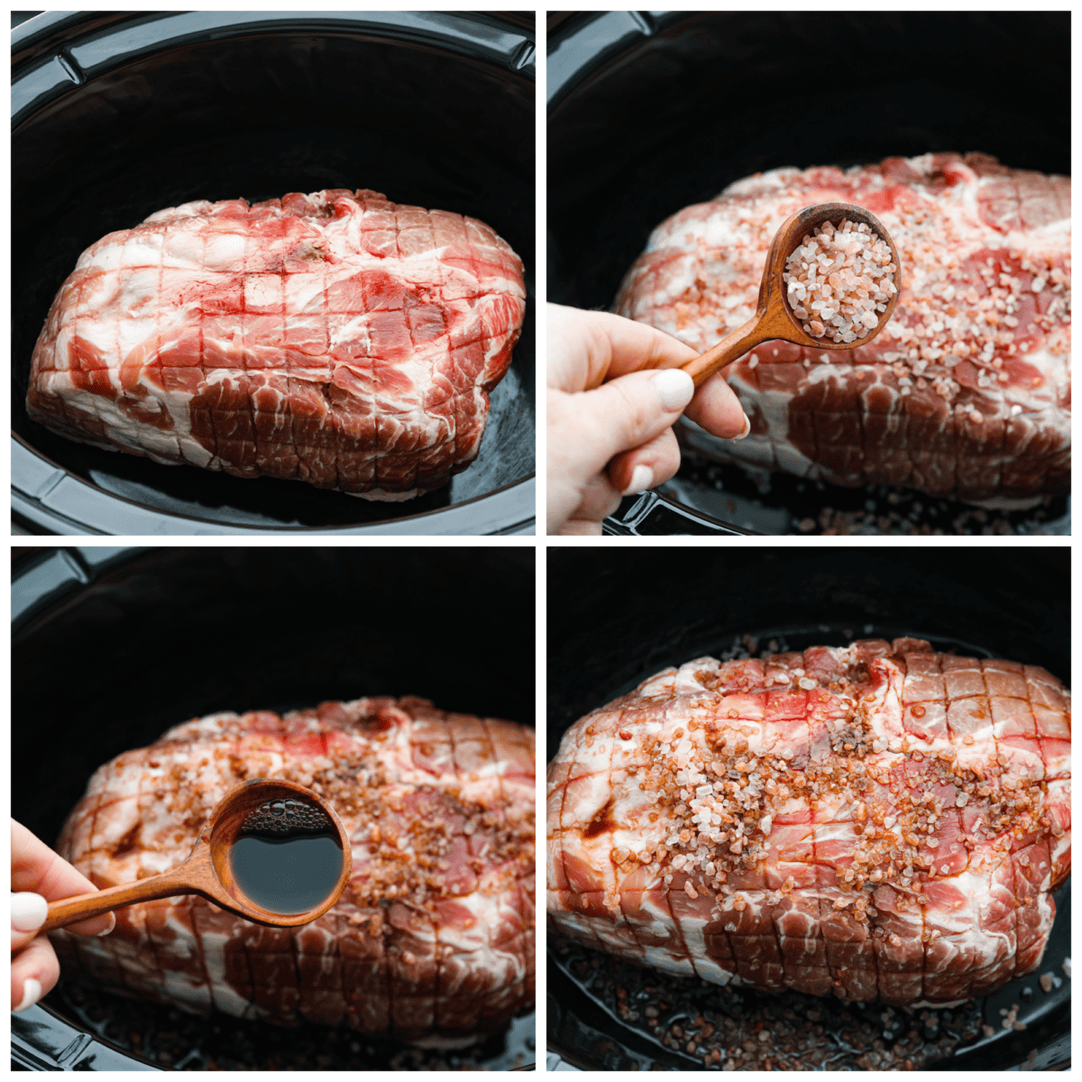 First photo of the pork roast in the slow cooker. Second photo of the salt sprinkling on the roast. Third photo of the liquid smoke pouring on the roast. Fourth photo of the roast prepped before it cooks.