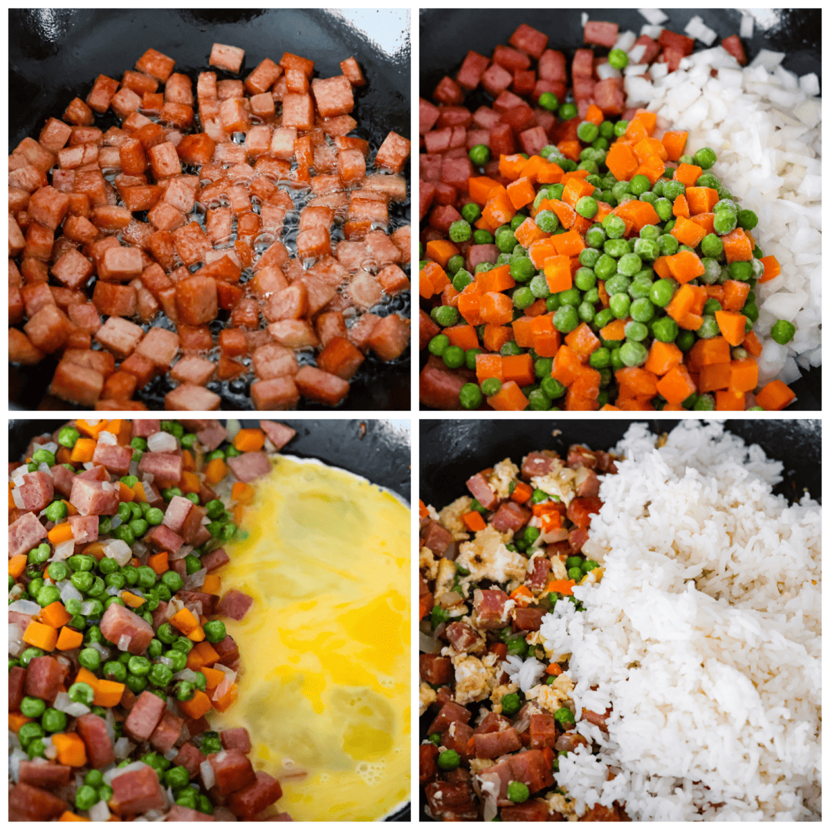 4-photo collage of the Spam being cooked, then the vegetables, then the egg, and then the rice.