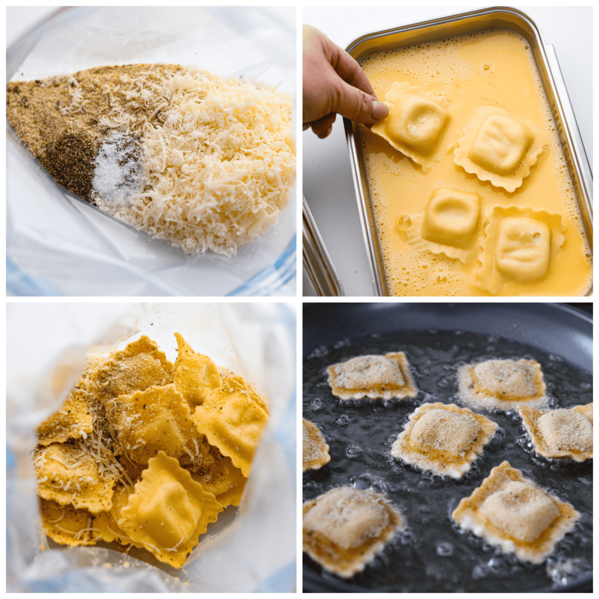 Collage of ravioli being breaded and fried.