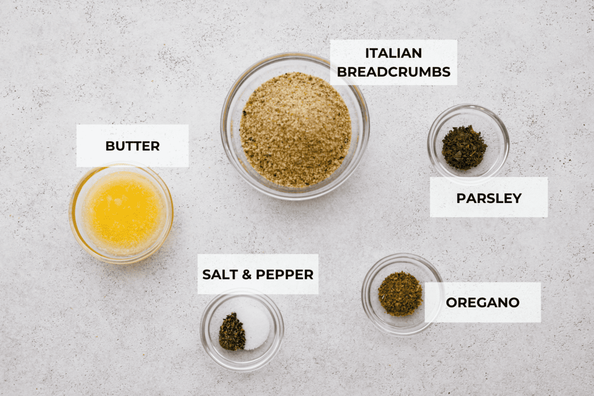 The ingredients for the breadcrumb topping. Including butter, Italian breadcrumbs, parsley, salt and pepper, and oregano.