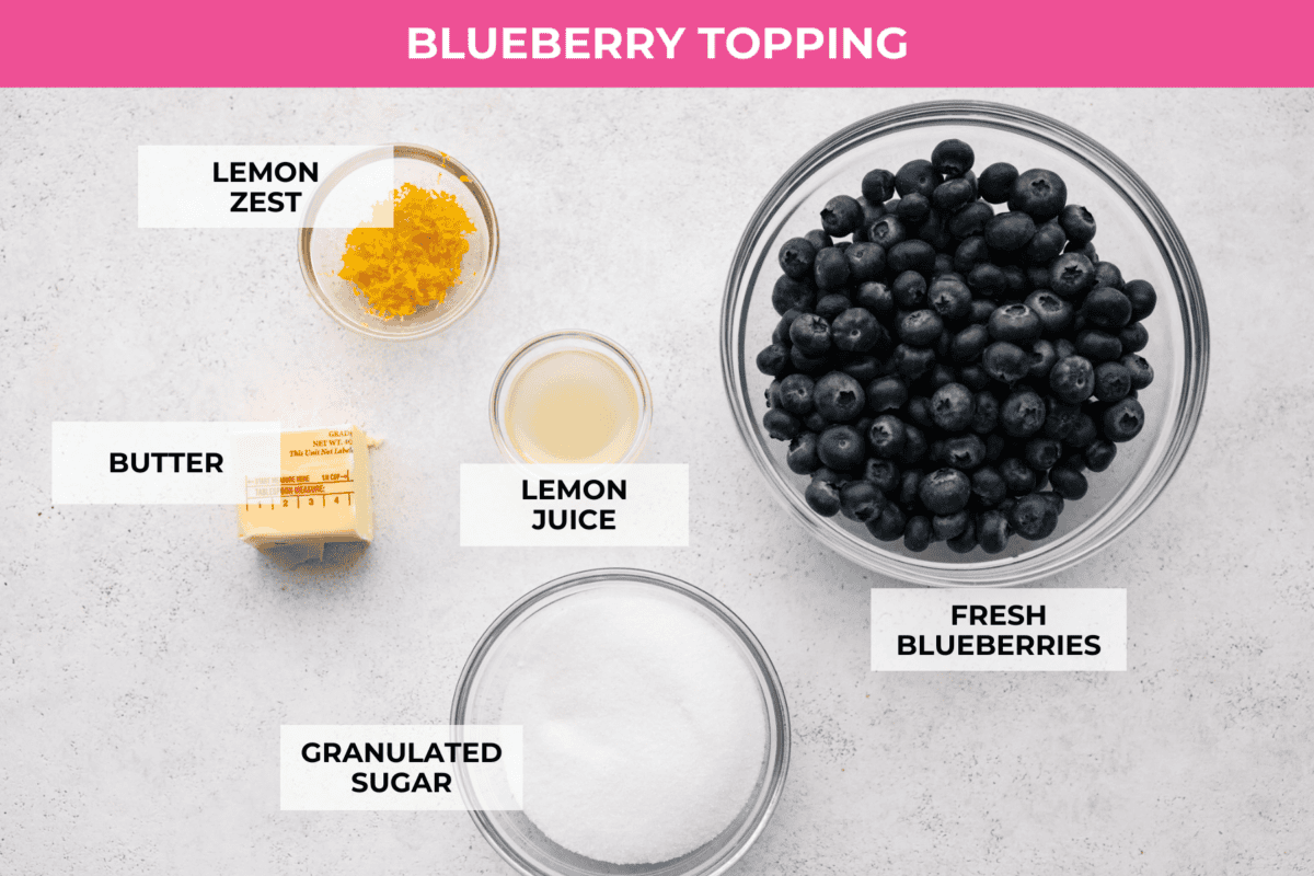 Ingredients labeled to make the blueberry topping.