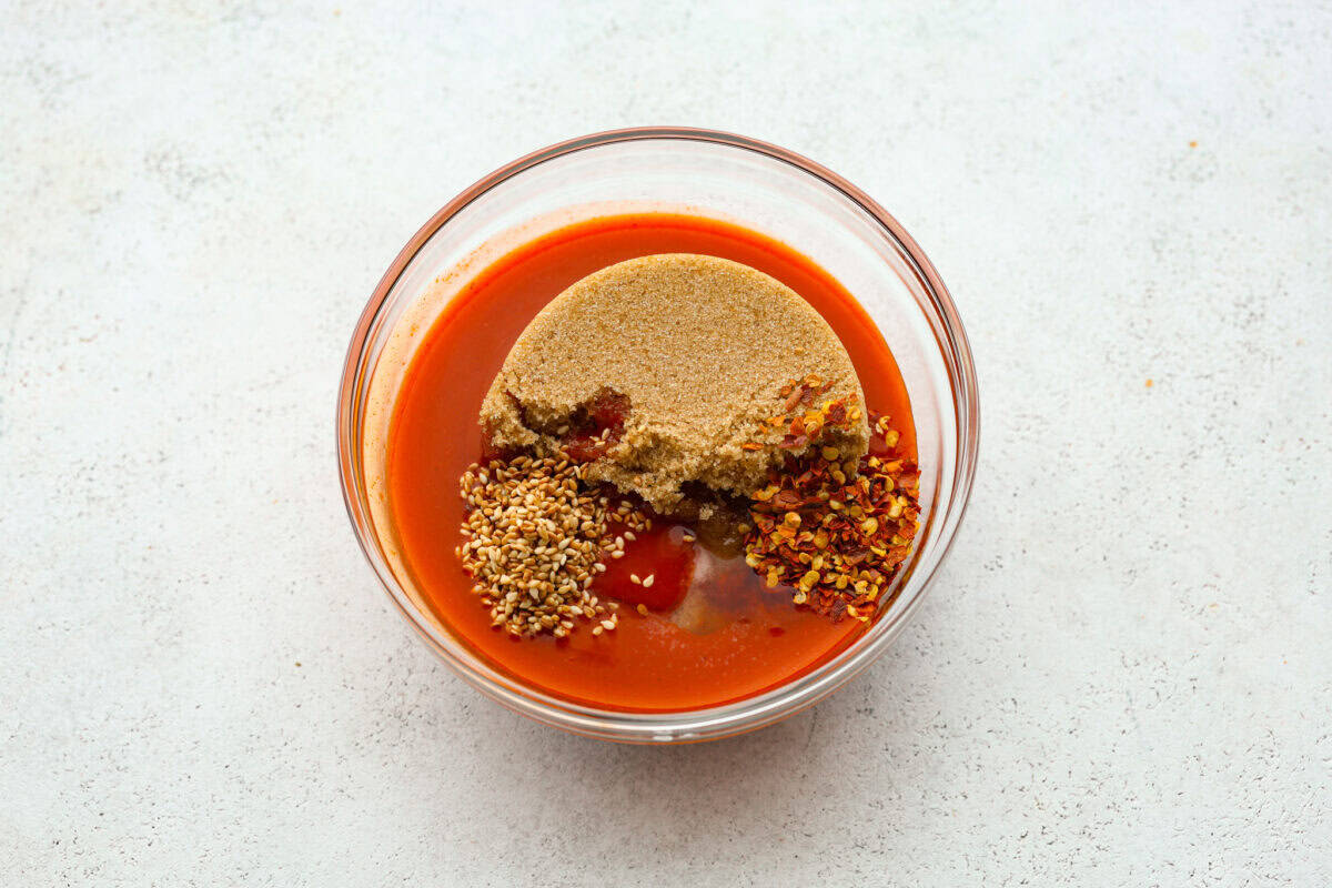 Overhead shot of unmixed sauce ingredients. 