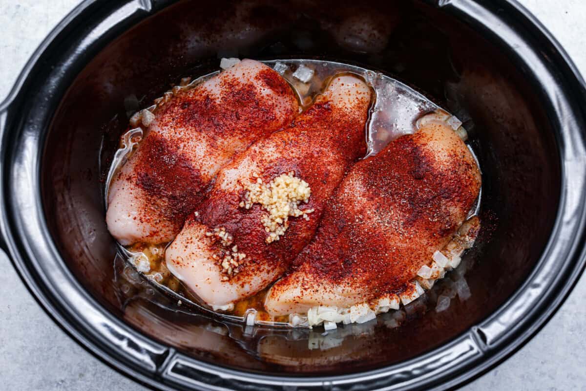 First photo of the chicken ingredients in the crockpot.