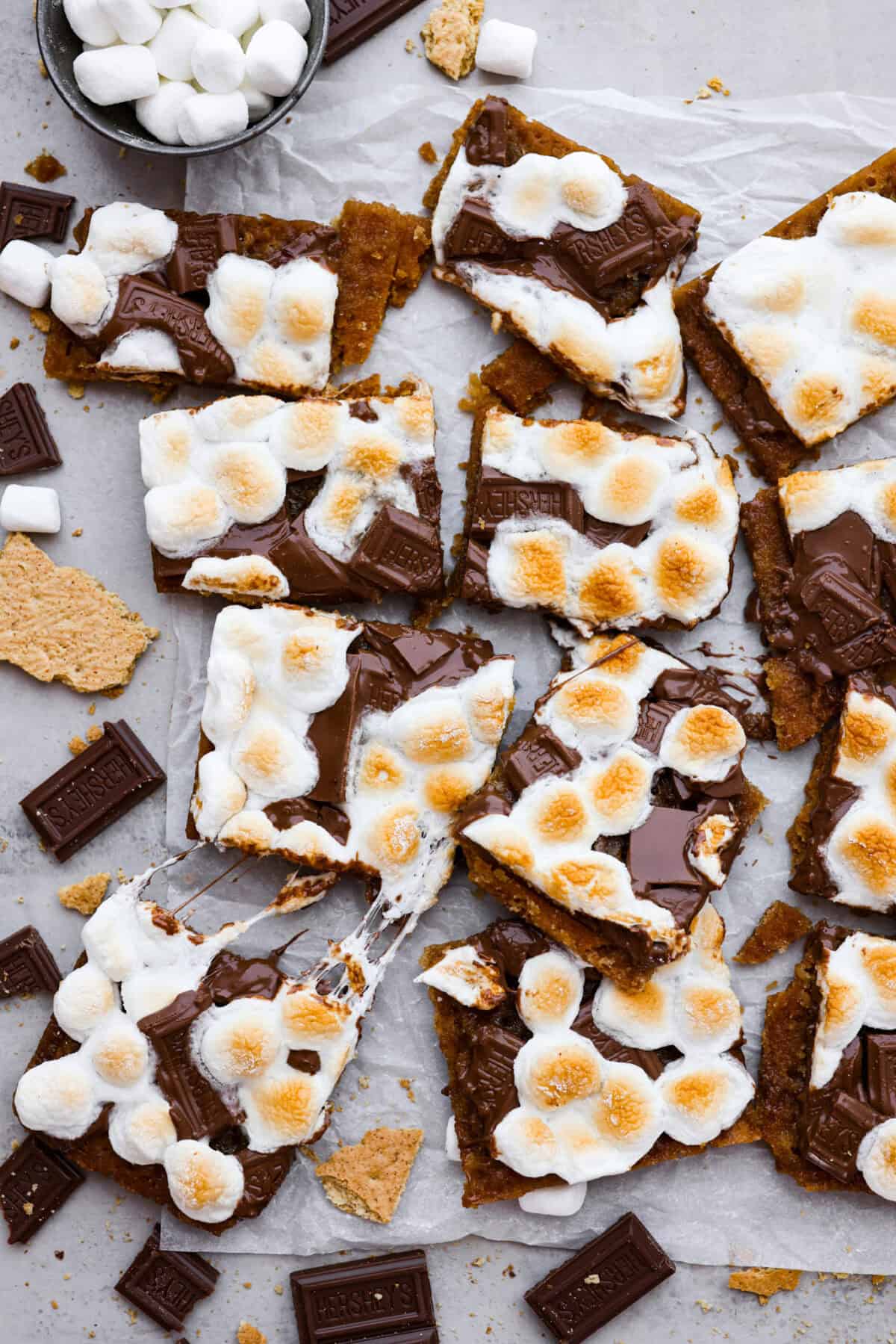 Overhead shot of cut up pieces of S'mores crack.