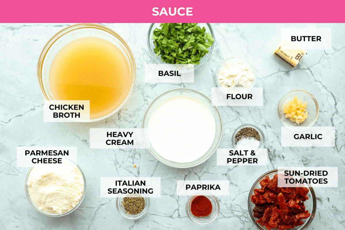 Overhead shot of labeled sauce ingredients. 