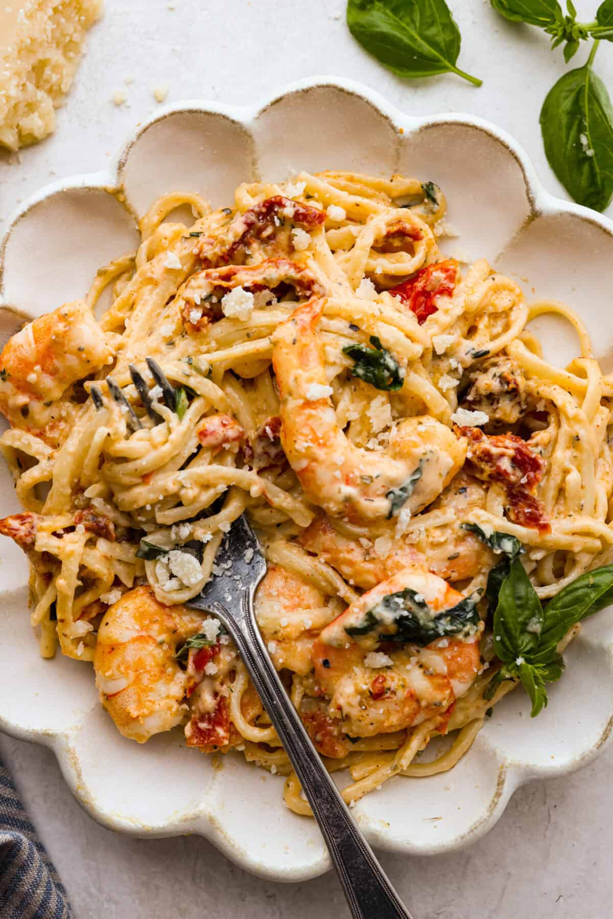 Overhead shot of plated marry me shrimp with pasta. 