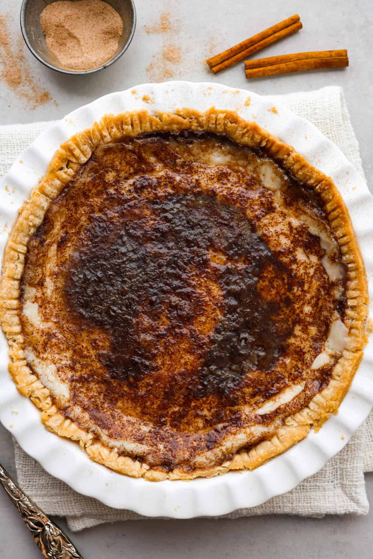 Overhead shot of completed sugar cream pie. 