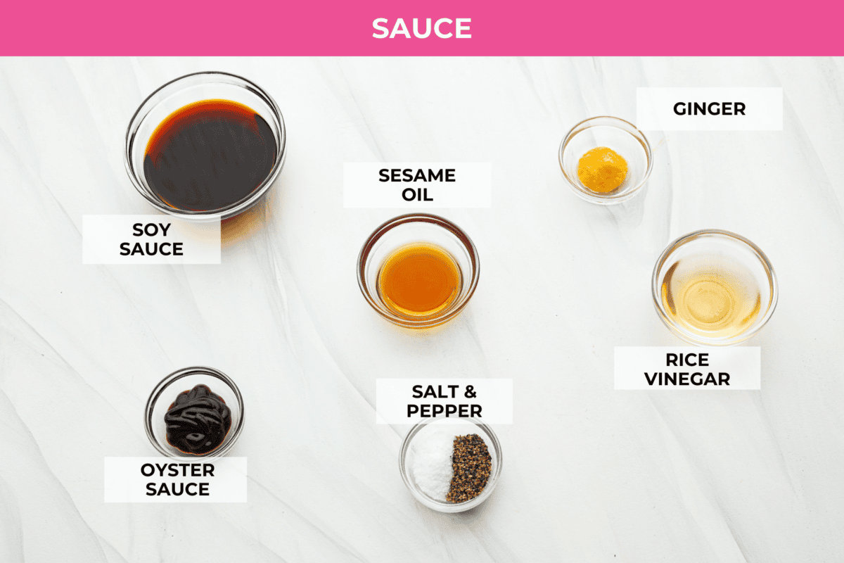 Overhead shot of labeled sauce ingredients. 