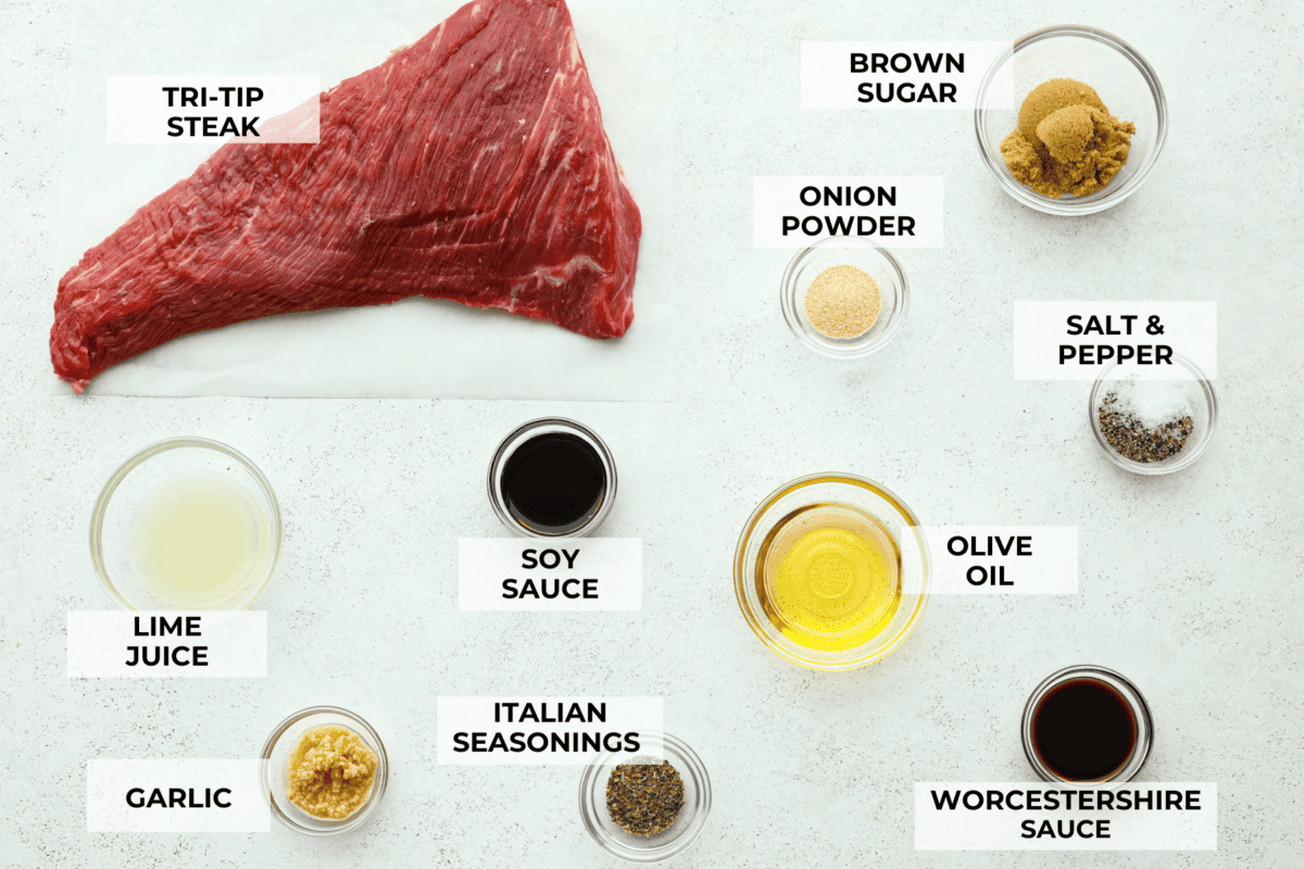 Top view of ingredients laid out on the counter. Each in individual fglass bowls and labeled. 