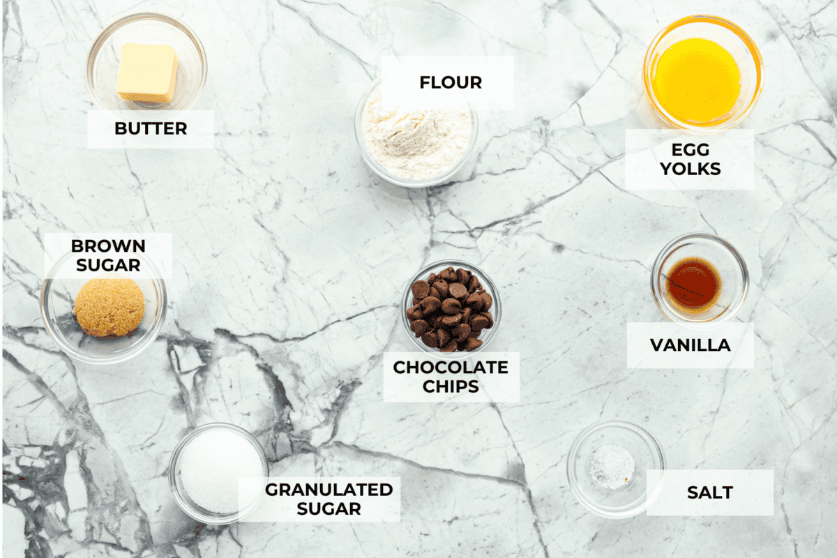 Overhead shot of labeled ingredients. 