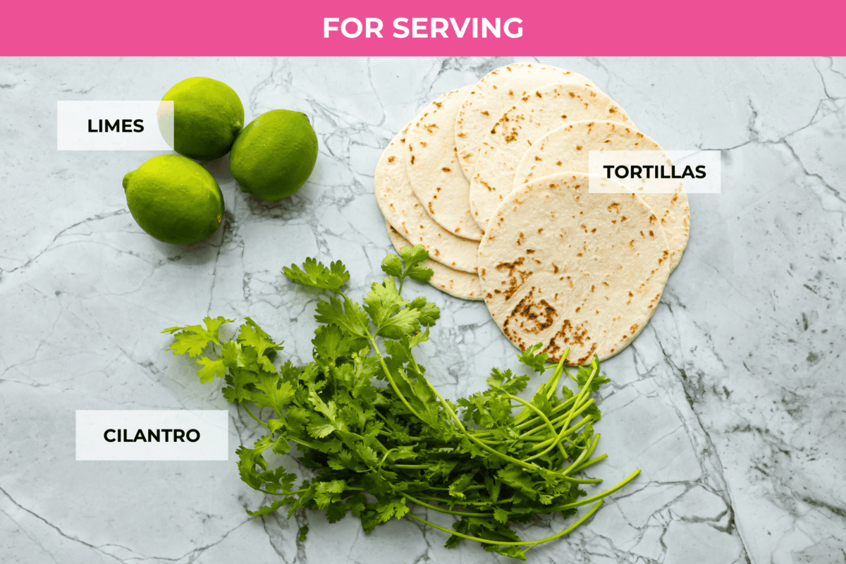 Overhead shot of labeled serving ingredients. 