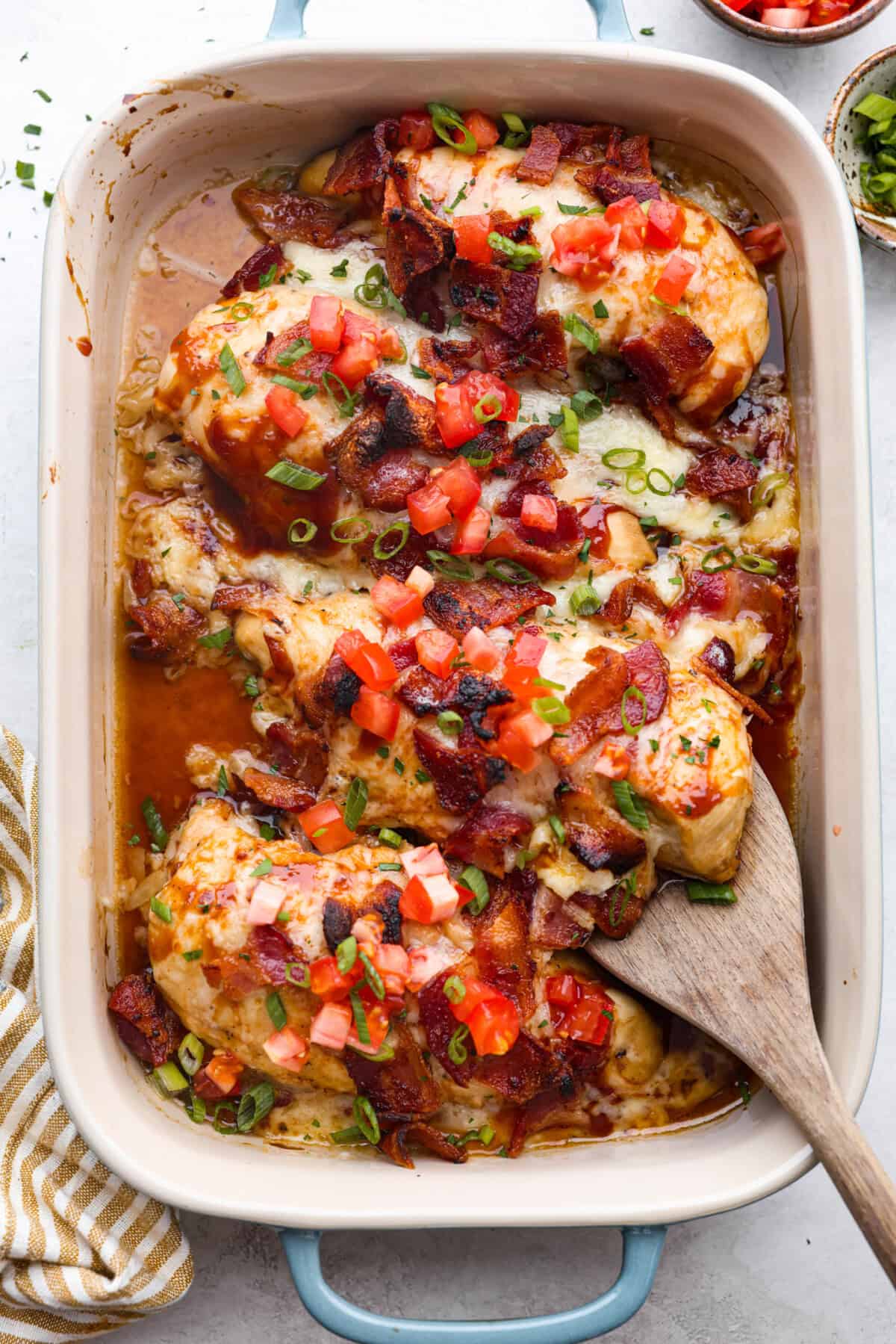 Overhead shot of Monterey chicken in a baking dish. 