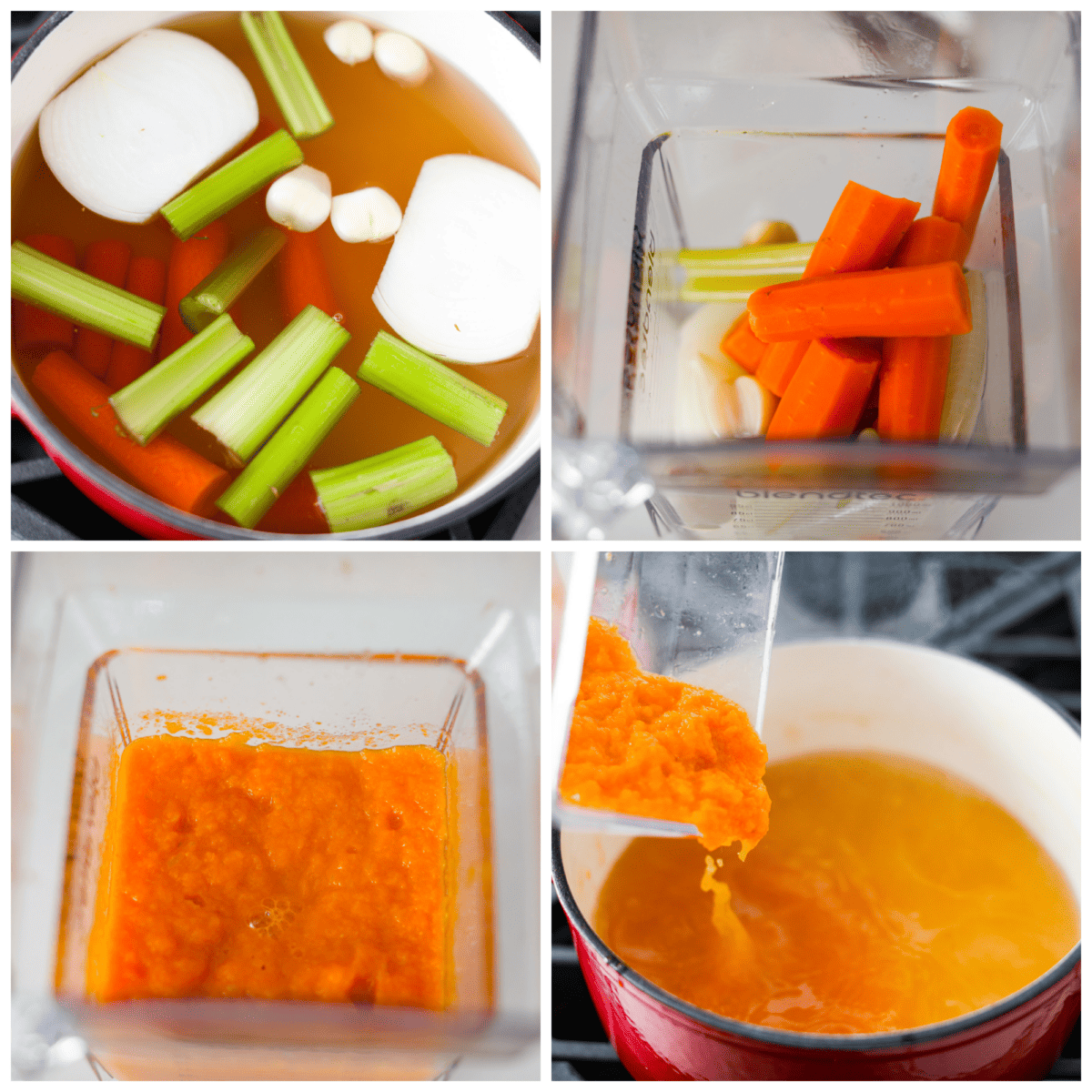 Warm and nourishing Italian Pastina is comfort food at its best! This simple soup recipe is made with chicken broth, vegetables and tiny pasta stars. It's the perfect cozy meal to enjoy when the weather turns cold! 4-photo collage of the homemade broth being prepared. Vegetables are simmered until soft, then blended.