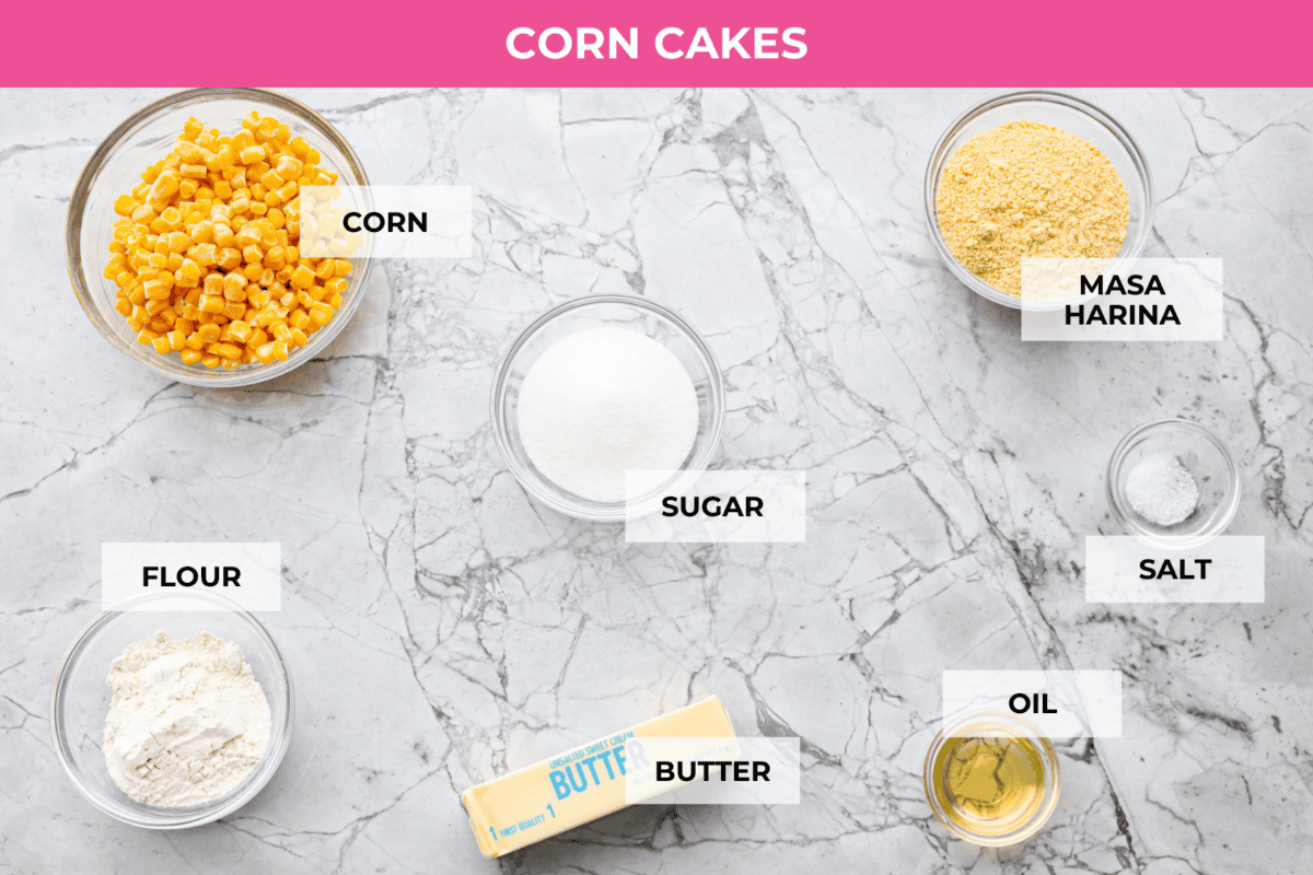 Overhead shot of labeled corn cakes ingredients. 