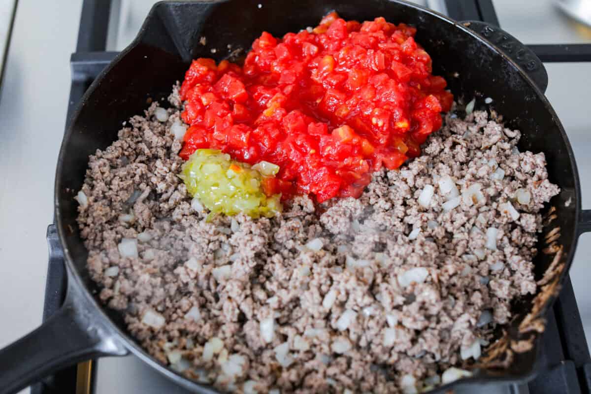 Overhead shot of browned beef with onions, tomatoes and relish. 