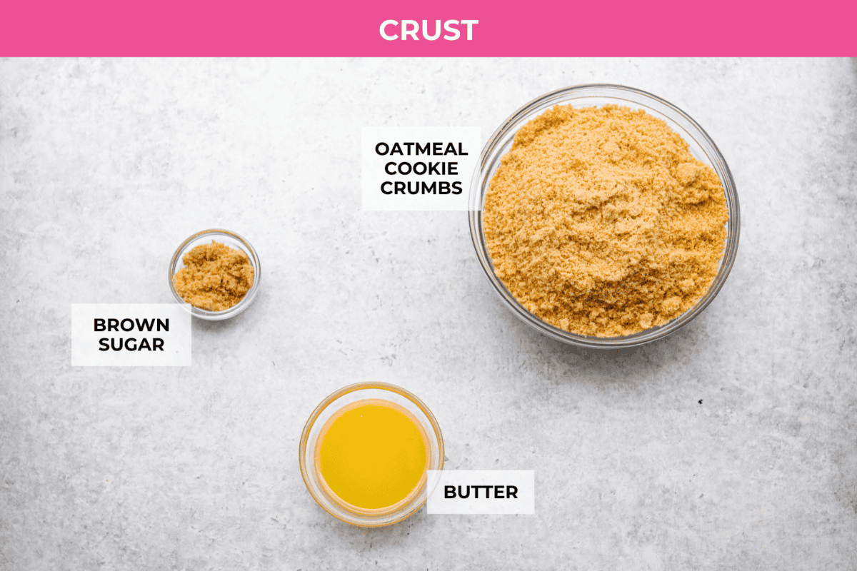 Overhead shot of labeled crust ingredients. 