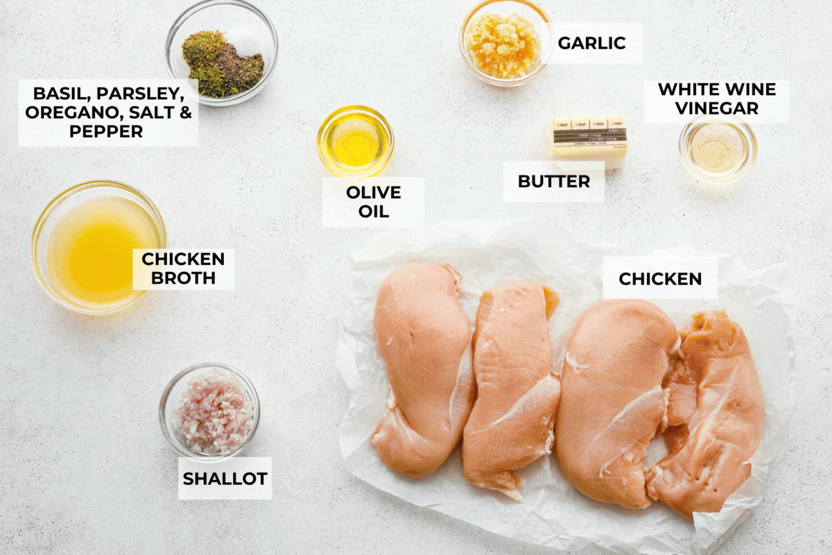 Overhead shot of labeled ingredients. 