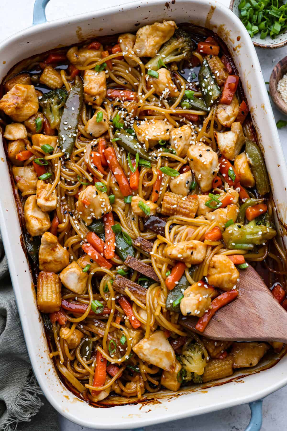 Overhead shot of honey sesame chicken noodle bake.