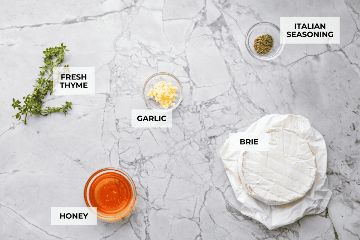 Overhead shot of labeled ingredients. 