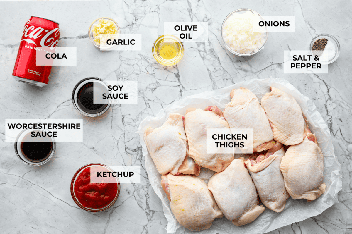 Overhead shot of labeled ingredients. 