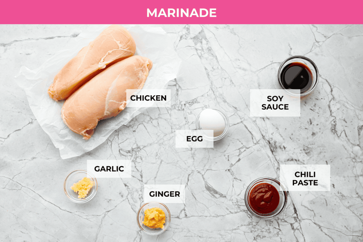 Overhead shot of labeled marinade ingredients. 