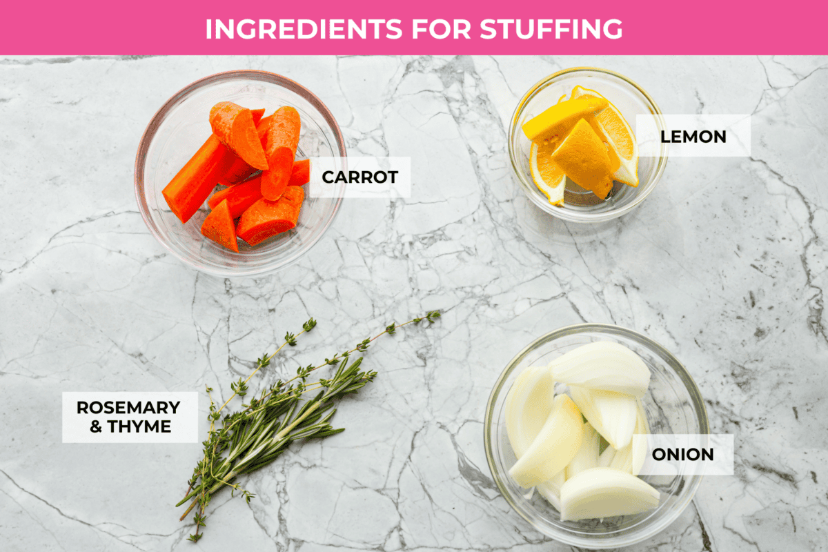 Overhead shot of labeled stuffing ingredients. 