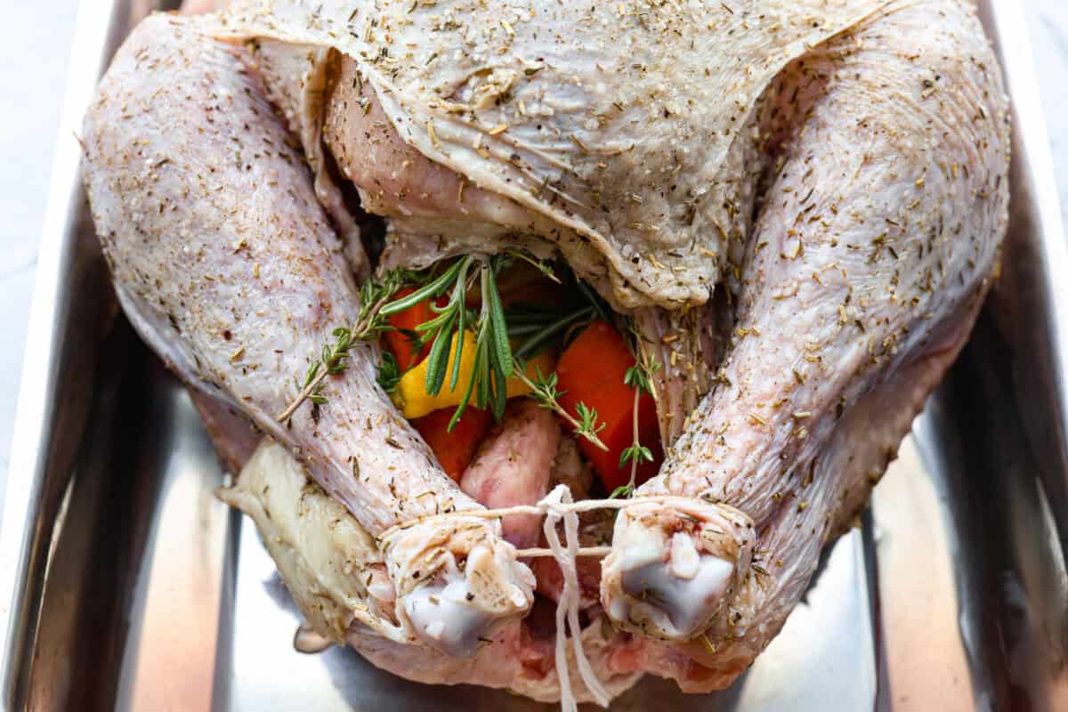 Close up shot of the turkey covered in the seasoning mix, stuffed with lemon, carrots, onion and fresh herbs. The legs are tied together. 