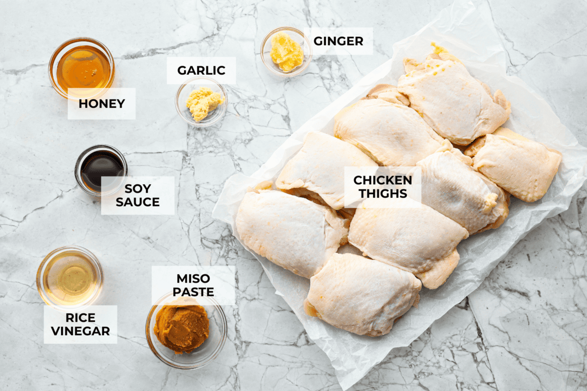 Overhead shot of labeled ingredients. 