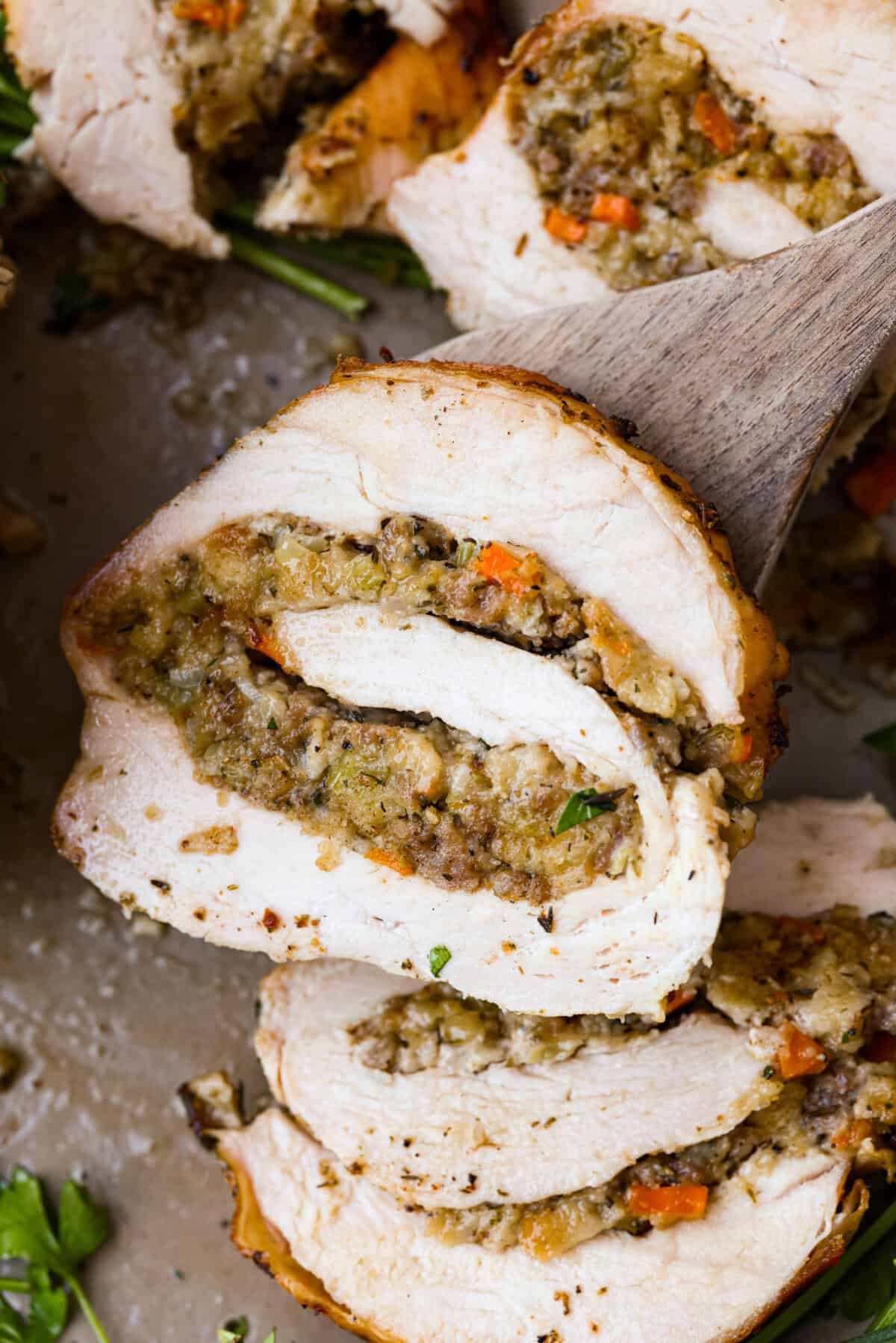 Close view of a slice of turkey roulade.