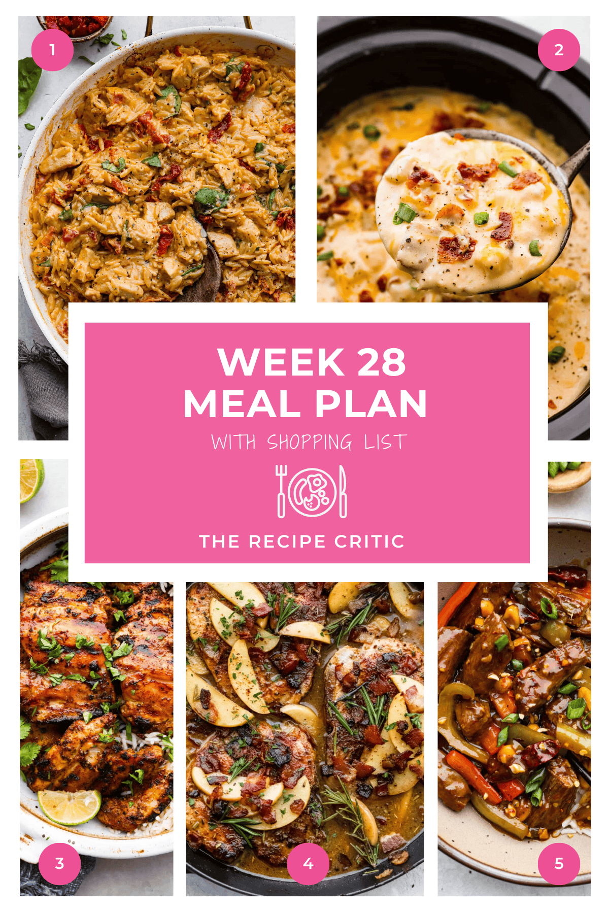 A collage of 5 dinner entrees with a graphic that says Week 28 meal plan with shopping list. 