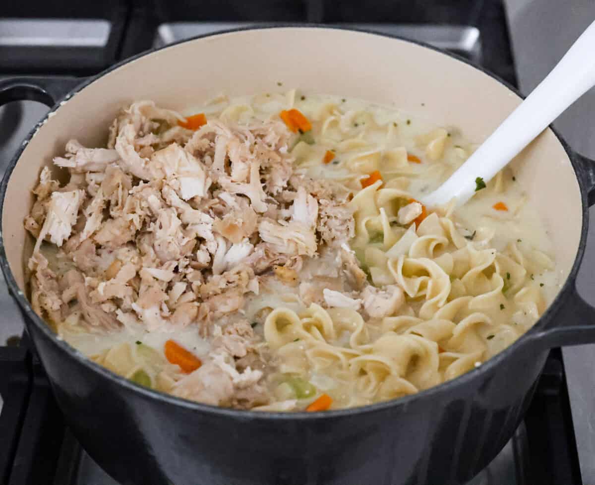 This creamy chicken noodle soup tastes exactly how it sounds! It's classic chicken noodle soup but creamy, rich and filling! Loaded with hearty chicken, tender carrots, supple noodles, and lots of delicious flavors, it's perfect for winter! Ange shot of creamy chicken noodle soup with cooked chicken added to it.