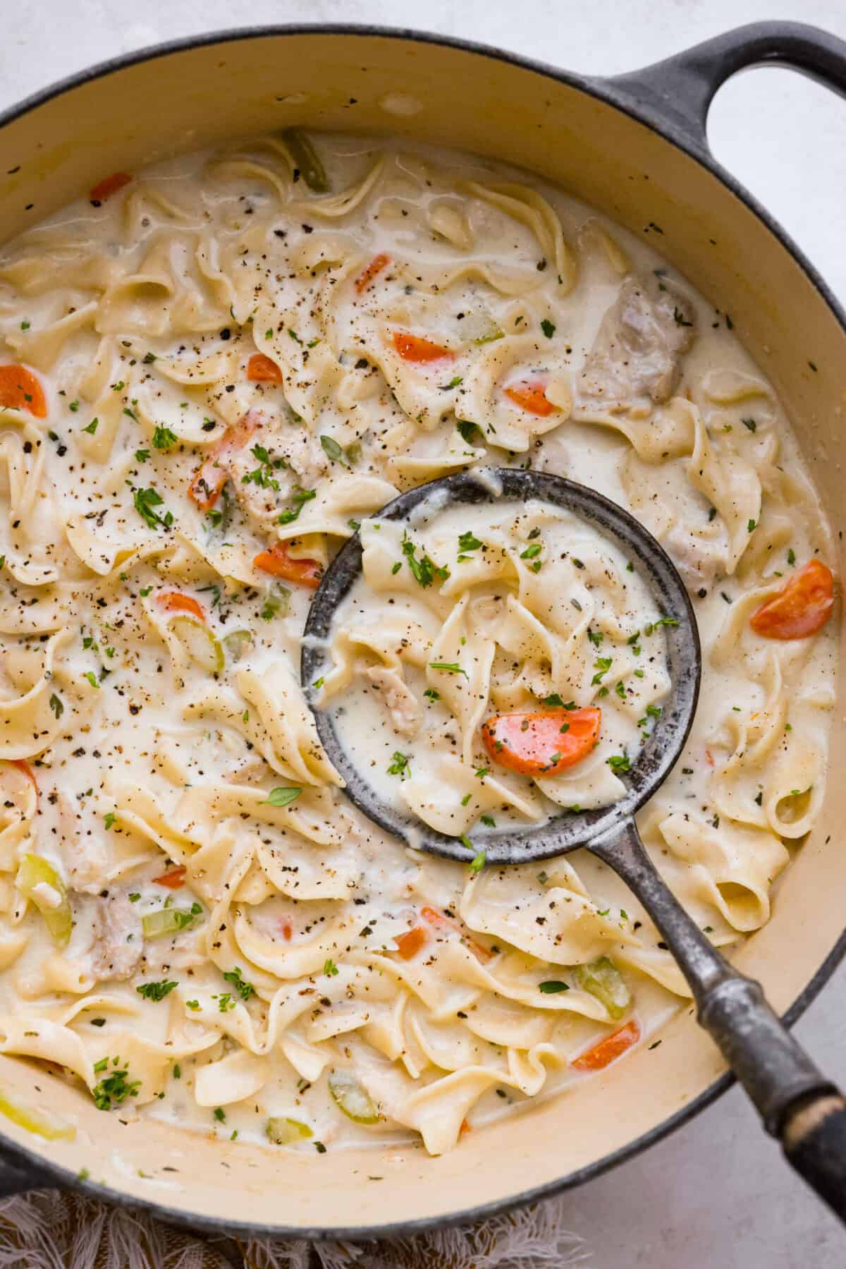 This creamy chicken noodle soup tastes exactly how it sounds! It's classic chicken noodle soup but creamy, rich and filling! Loaded with hearty chicken, tender carrots, supple noodles, and lots of delicious flavors, it's perfect for winter! Overhead shot of a pot of creamy chicken noodle soup.