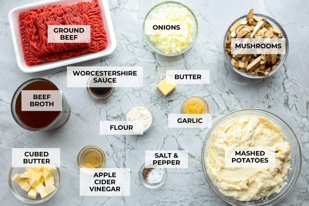 Overhead shot of labeled ingredients. 